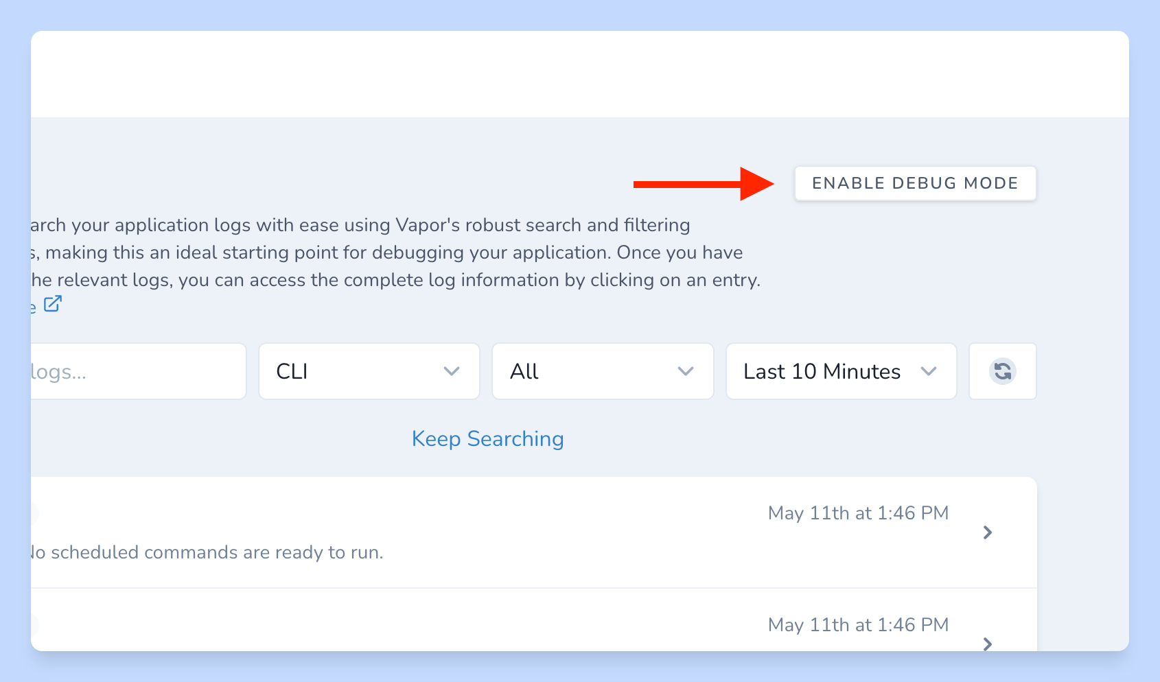 Vapor dashboard highlighting the enable logs button image